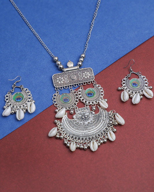 VOJ Oxidised Silver Plated Peacock Feather And Shell Jewellery Set - Grab2buy
