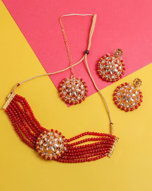 VOJ Gold Plated Red Beads Kundan Choker Jewellery Set With Mang Tikka - Grab2buy