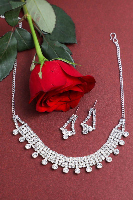 VOJ Silver Plated Stone Studded Choker Necklace And Earrings Set - Grab2buy