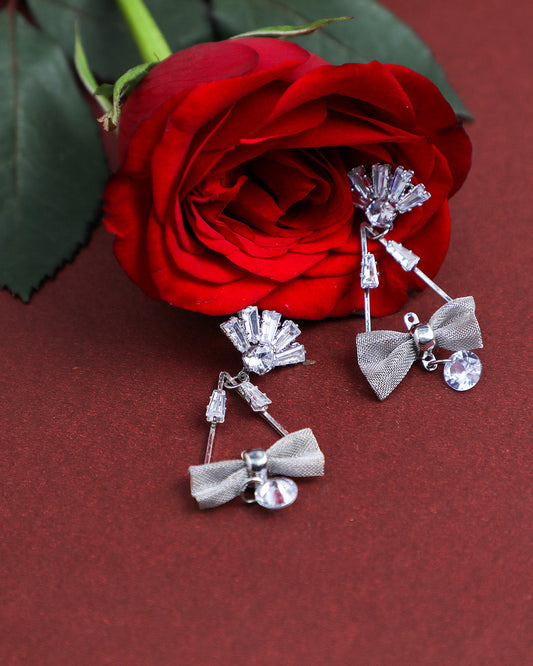 VOJ Silver Plated Stone Studded With Bow Triangle Shaped Earrings - Grab2buy