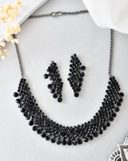 VOJ Black American Diamond Chokar Jewellery Set With Earrings - Swadesiicart