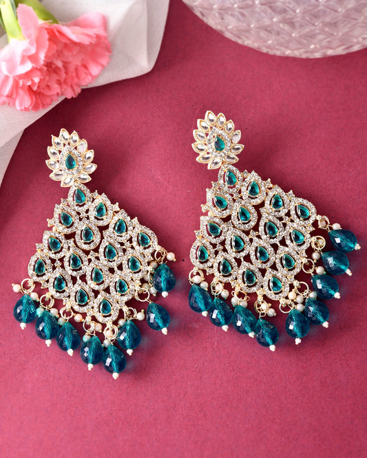 VOJ Traditional Gold-Polished Green & White AD Stone Statement Earrings