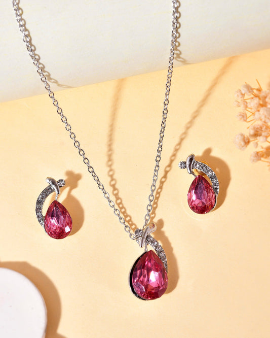 VOJ Silver Plated Chan with Pink and White AD stone Studded Pendant and Earrings Set | Grab2Buy