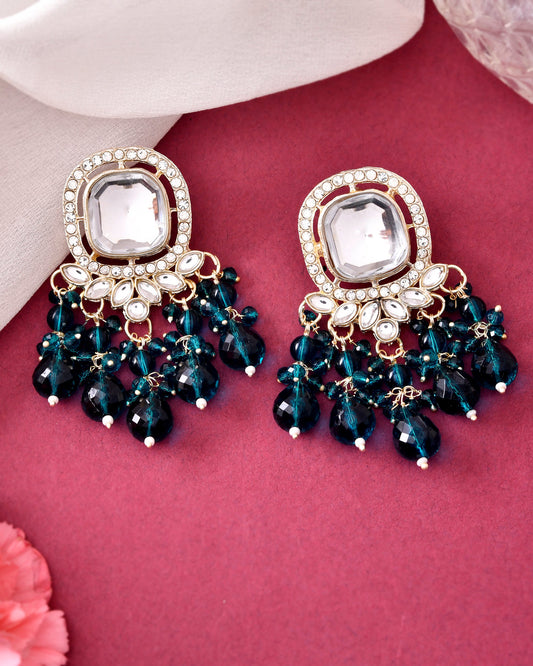 VOJ Silver Plated Kundan Earrings with Teal colour Pearls