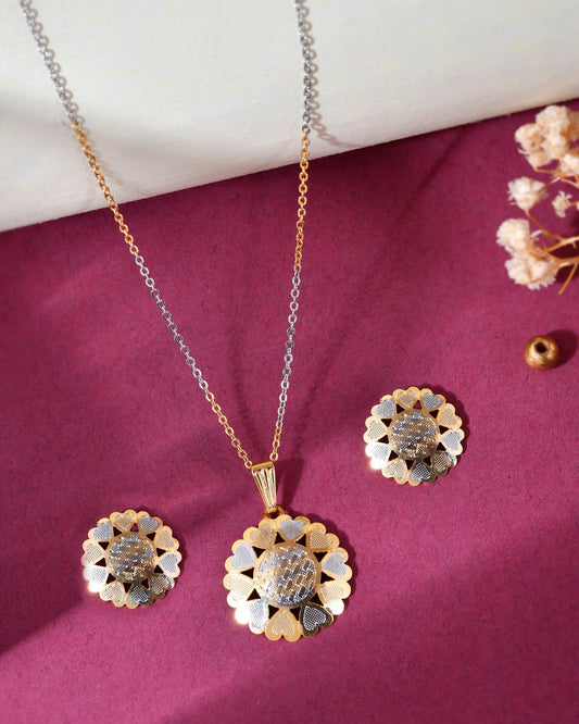 VOJ White and Yellow Gold-Polished Chain With Flower shaped Pandent And Flower shaped Earrings | Grab2Buy