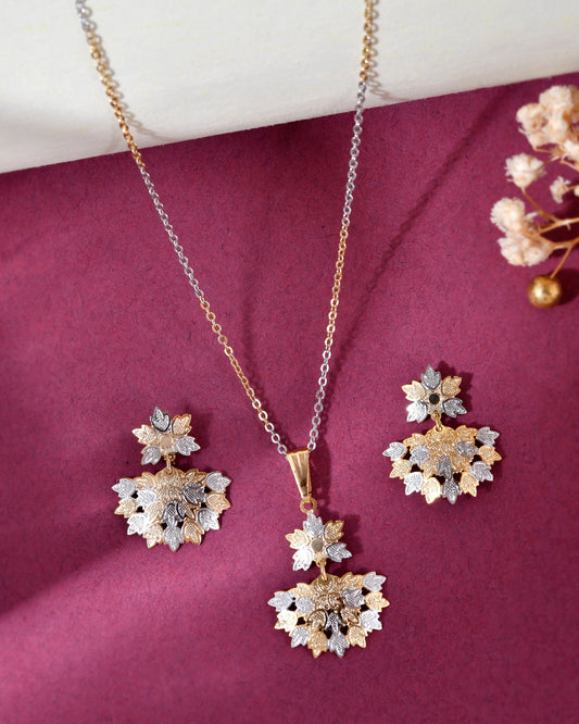 VOJ White and Yellow Gold-Polished Chain With Leaf shaped Pandent And Leaf shaped Earrings | Grab2Buy