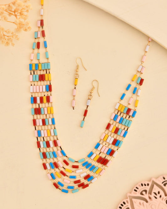 VOJ Multi Coloured Long Necklace With Earrings Set VOJ (Valley Of Jewellery)