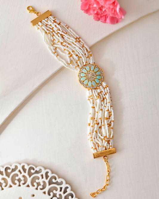 VOJ Gold-Polished Green Flower Studded And Beaded Mutli Layer Bracelet | Grab2Buy