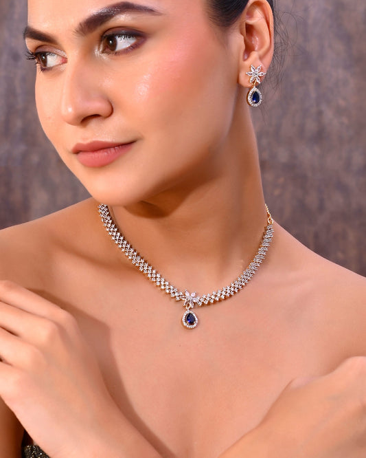 VOJ Gold-Polished White And Blue Colour AD-Studded Jewellery Set VOJ (Valley Of Jewellery)