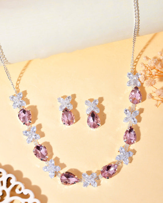 VOJ Silver Plated Pink And White Stone Studded Necklace with Earrings Set | Grab2Buy