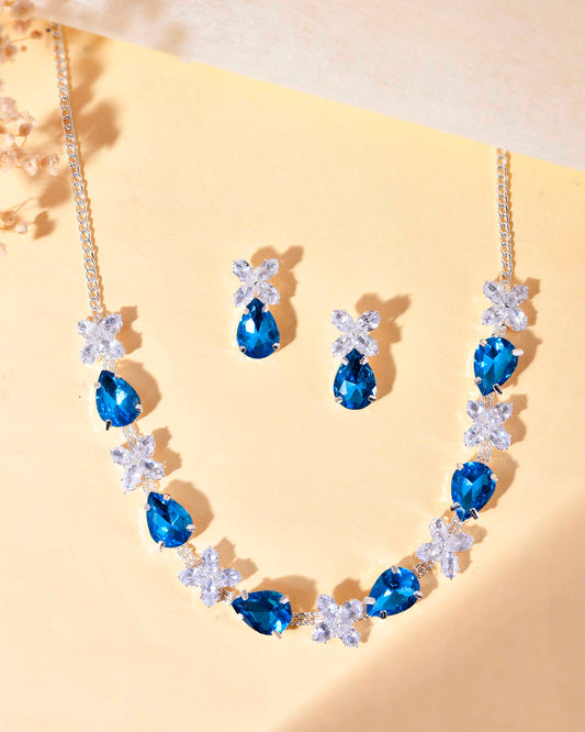 VOJ Silver Plated Blue And White Stone Studded Necklace with Earrings Set | Grab2Buy