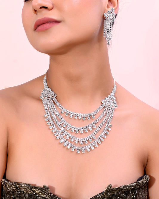 VOJ Silver Plated Stone Studded Multi Layer Jewellery Set | Grab2Buy