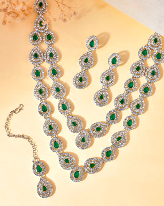 VOJ AD Studded with White and Green Stone Layered Jewellery Set VOJ (Valley Of Jewellery)