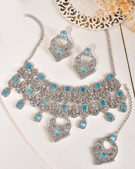 VOJ Silver Plated Designer AD Studded Necklace With Earrings And Mangtikka | Grab2Buy