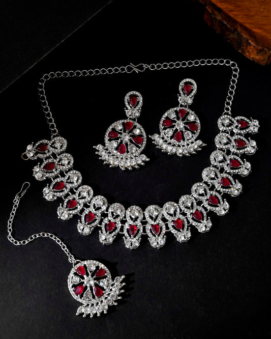 VOJ Silver Plated Pink AD Stone Studded Designer Jewellery Set With Mangtikka | Grab2Buy