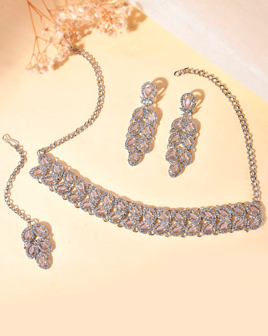 VOJ Silver Plated Baby Pink AD Stone Studded Designer Jewellery Set With Mangtikka | Grab2Buy