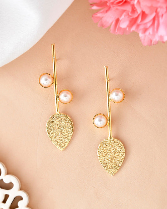 VOJ Gold-Polished Leaf Shaped with Pearl Studded Earrings