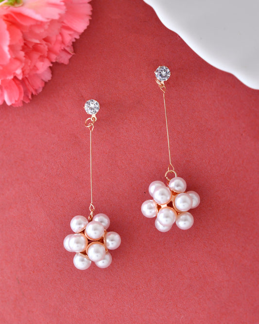 VOJ Rose Gold-Polished Handcrafted Floral Pearl Drop Earrings
