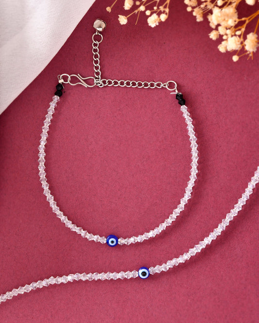 VOJ Set Of 2 Silver Plated With White beads and Evil Eye Anklet