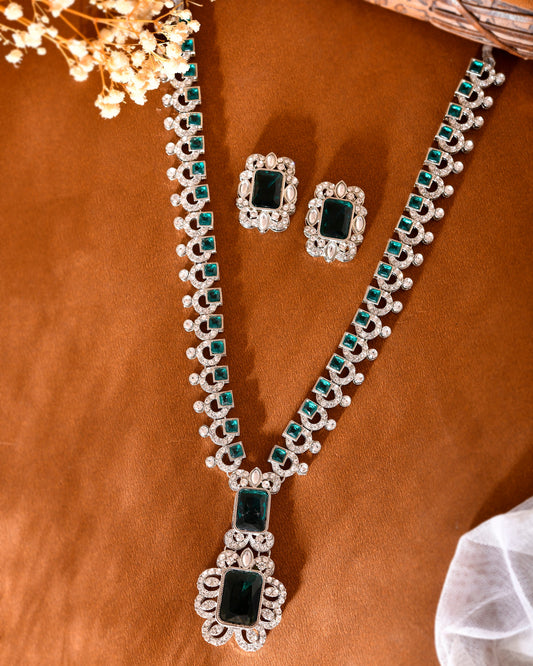 VOJ Green Silver-Plated Long Necklace Earring Jewellery Set VOJ (Valley Of Jewellery)