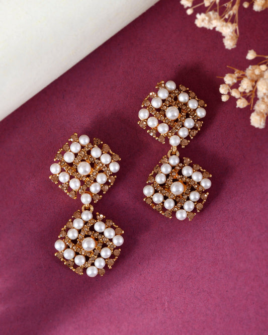 VOJ Gold-Polished Pearl And Gold Stone Drop Stud Earrings