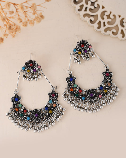 VOJ Silver-Plated multi Colour Flower Oxidized Shaped Drop Earrings
