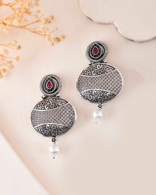VOJ Rhodium-Plated Oxidized Contemporary With Pearl Earrings