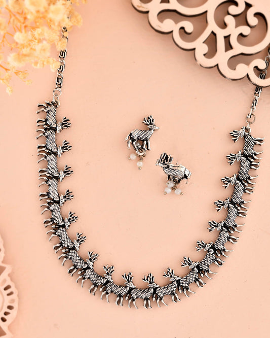 VOJ Rhodium-Plated Deer Oxidized Contemporary Choker With Earrings Set VOJ (Valley Of Jewellery)