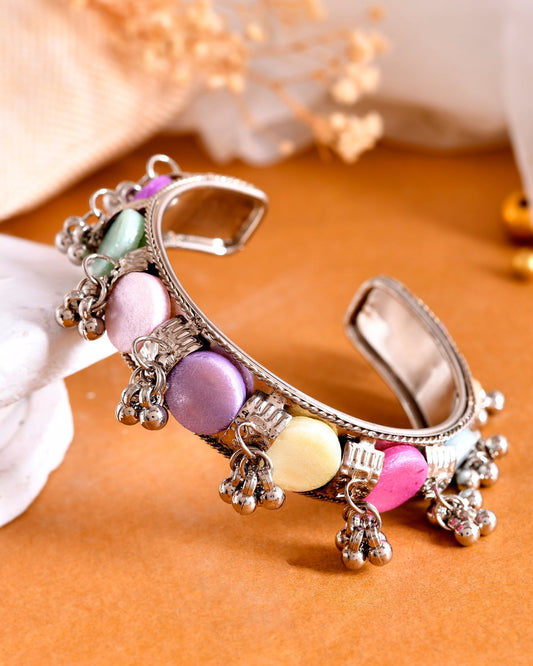 VOJ Silver-Plated Multi Colour Stone And Ghungroo Studded Oxidized Cuff Bracelet | Grab2Buy