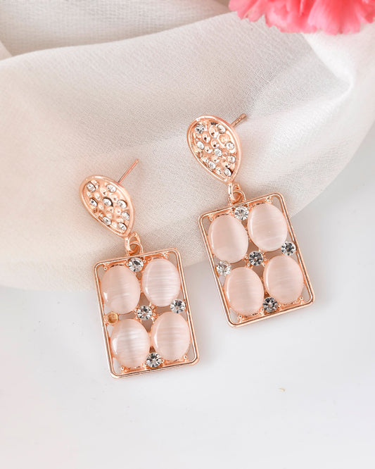 VOJ Rose Gold-Polished Stone Studded Rectangular Drop Earrings