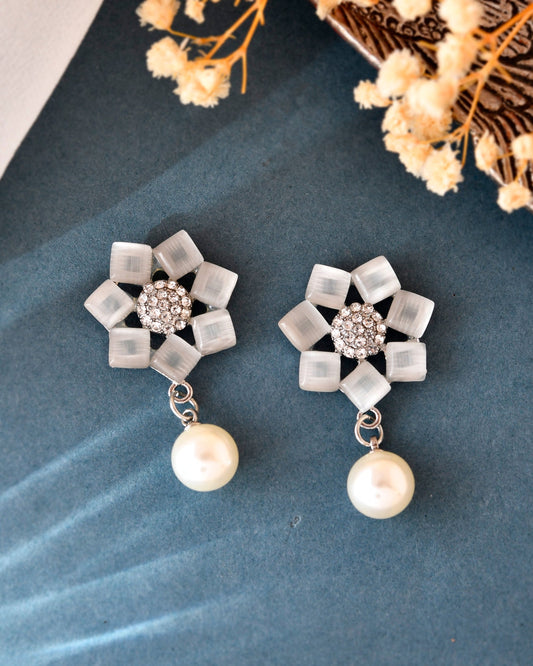 VOJ Silver Plated Floral Stone Studded Earrings