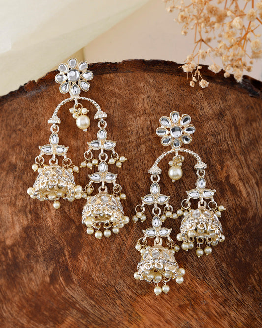 VOJ Gold-Polished Kundan Contemporary Up & Down Jhumka Earrings