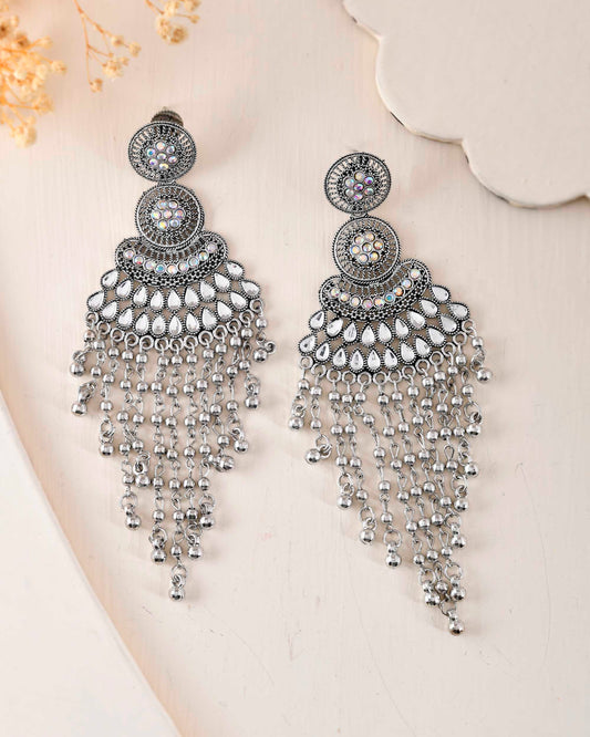 VOJ Silver-Plated Ghungroo Oxidized Drop Long Earrings