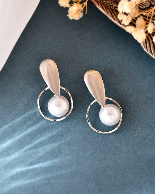 VOJ Silver-Plated Handcrafted Pearl Studded Korean Drop Earrings