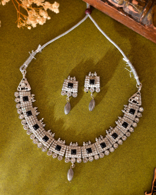 VOJ Silver Plated Black Stone Studded Oxidized Jewellery Set | Grab2Buy