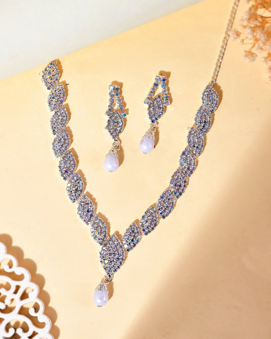 VOJ Silver Plated CZ-Stone Studded With Pearl Jewellery Set | Grab2Buy