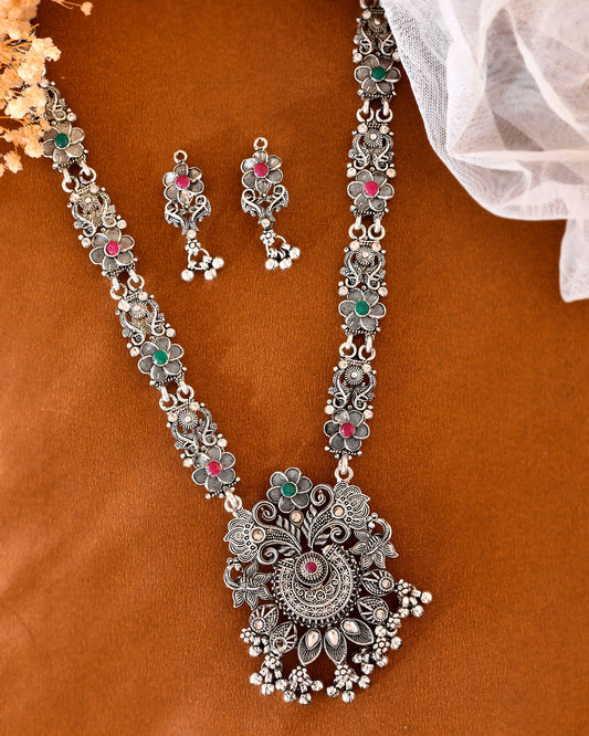 VOJ Silver Plated Stone Studded Oxidized Long Necklace And Earrings | Grab2Buy