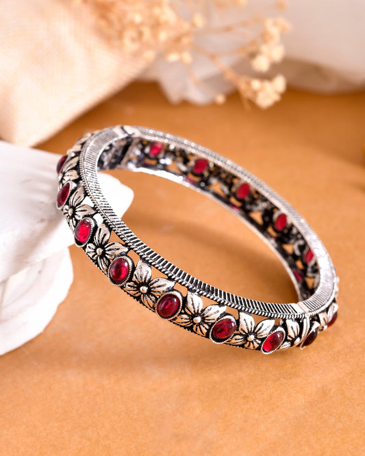 VOJ Rhodium Plated Red Stone Studded Kada Bracelet | Grab2Buy