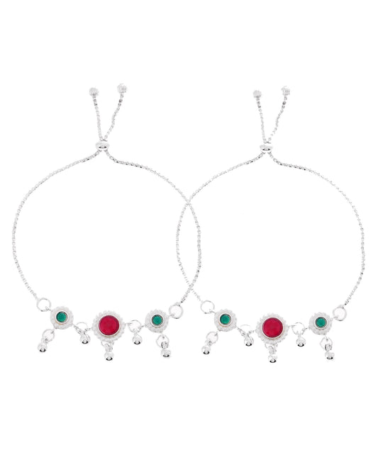 VOJ Set of 2 Silver-Plated Artificial Stones And Beads Anklet
