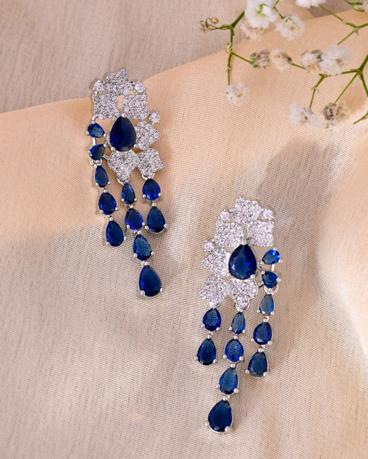 VOJ Silver Plated Ad And Blue Stone Studded Multi Layer Drop Earrings VOJ (Valley Of Jewellery)