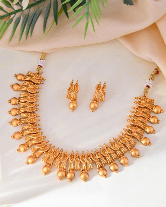 VOJ Gold-Polished Designer Necklace With Earrings Set