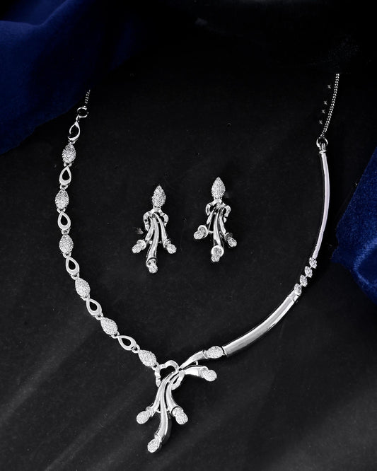 VOJ Silver Plated Ad Stone Studded Designer Necklace With Earrings Set