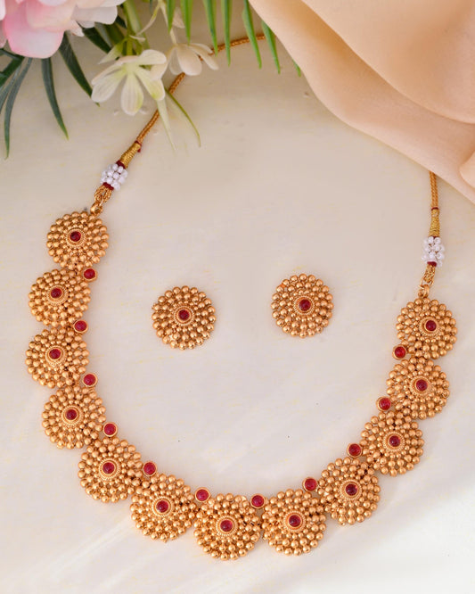 VOJ Gold-Polished Circular Designed Necklace With Earrings Set
