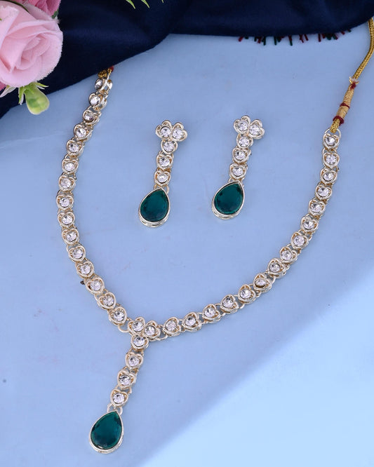 VOJ Silver Plated Green Stone Studded Necklace And Earrings Set