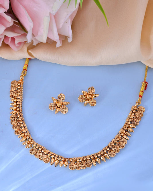 VOJ Gold-Polished Round Designed Necklace With Earrings Set | Grab2Buy