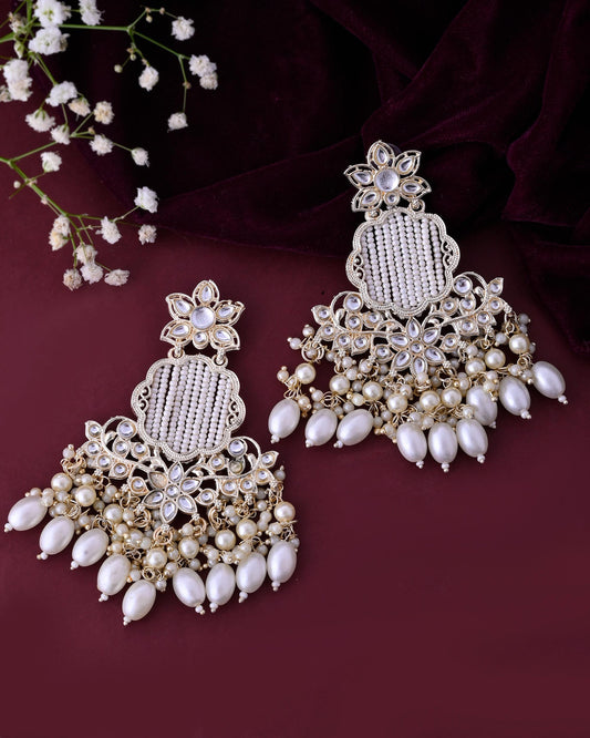 VOJ Gold-Polished Kundan Studded Pearl Drop Earrings | Grab2Buy