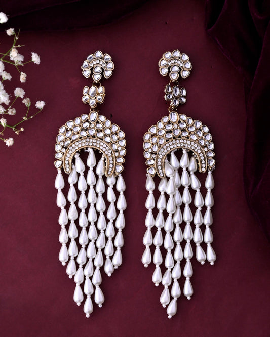VOJ Kundan Studded White Pearl Long Drop Earrings | Grab2Buy
