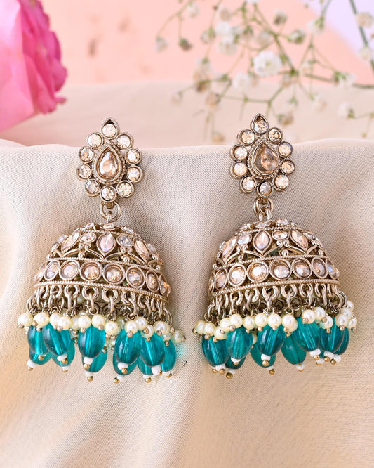 VOJ Gold-Polished Stone Studded Dome Shaped Jhumkas - Swadesiicart