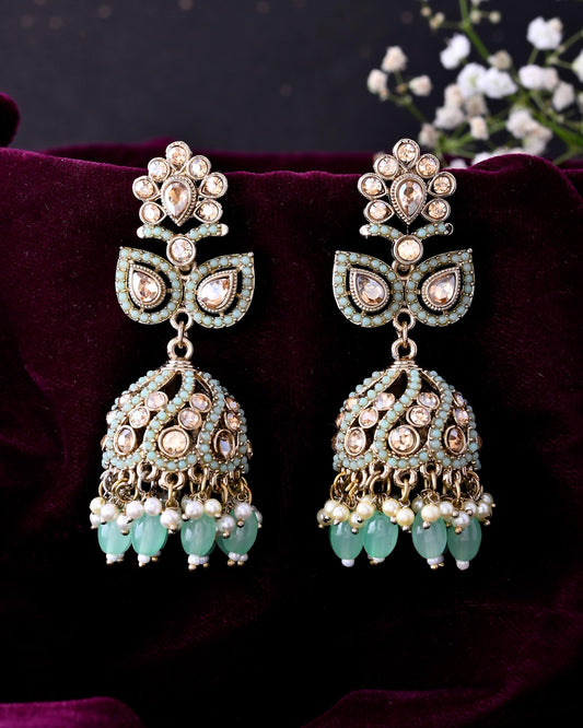VOJ Mint Green Stone Studded Gold-Polished Jhumkas VOJ (Valley Of Jewellery)