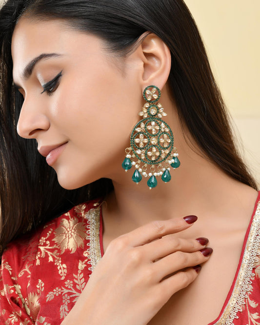 VOJ Teal Green Stone Studded Gold-Polished Circle Shaped Earrings - Swadesiicart